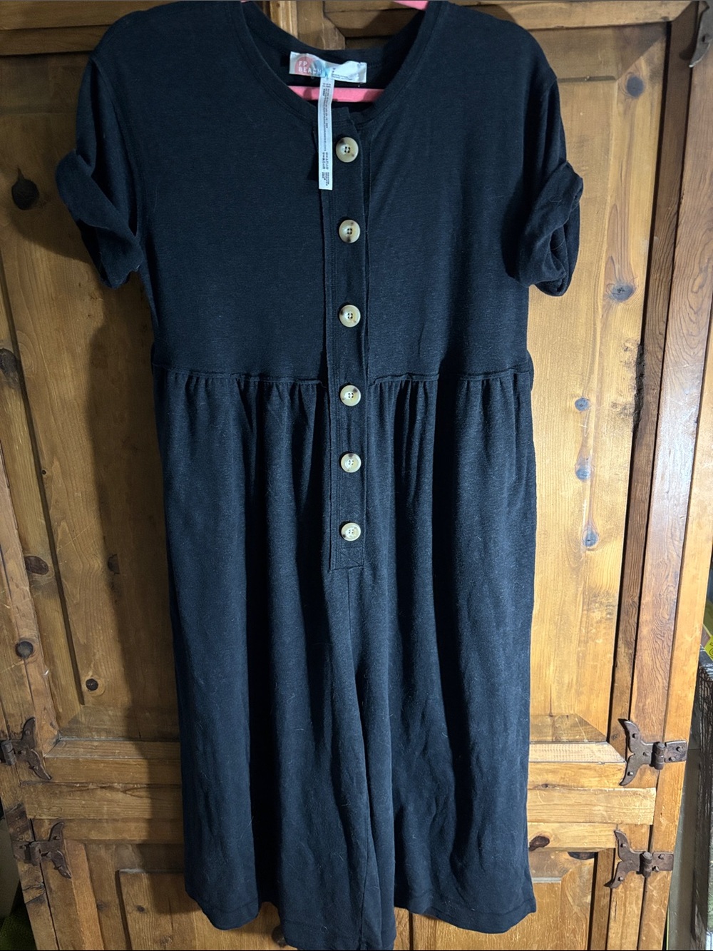 Free People Beach Button-Front Black Short-Sleeve Jumpsuit Romper